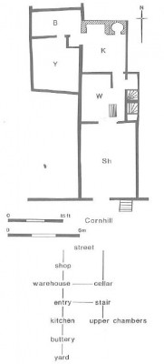 Figure 12 (left). The plan and access diagram for The Wildman, Cornhill, show the shop to be the most public space, while the upper chambers are the most private (Schofield 1994,197).